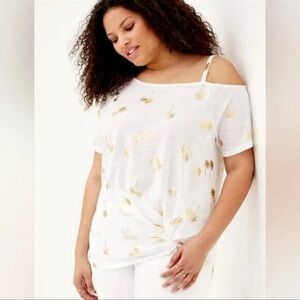 Torrid White Gold Foil Palm Tree Off Shoulder Twist Hem Tee - Size 4 NWT